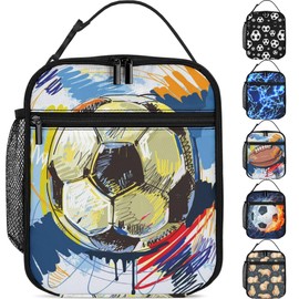 Watercolor Soccer Lunch Box Boys Girls Insulated Lunch Bag Reusable Lunchbox with Side Pocket, Lunch Box for Girls Boys Teen, Waterproof Lunch Tote Bag for Women Men Kids Work Office School Picnic