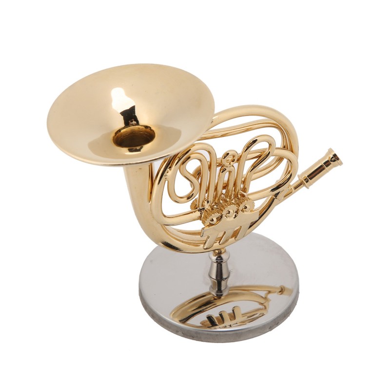 4in Miniature Golden French Horn Replica with Stand Instrument Model