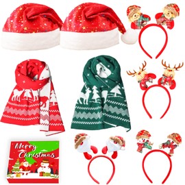 8 Pcs Christmas Hats and Scraves Set, 2 Santa Hats with Star, 2 Scarves, 4 Headbands Bulk for Christmas Holiday Party, Xmas Warm Outfits Gift for Family Unisex Women Teens
