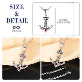 INFINIONLY Creative Men's Stainless Steel Anchor Chains Vintage Necklace Pendant Anchor with Red Zirconia with 55 cm Chain Fashion Teenagers Decoration, Stainless Steel