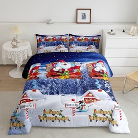 Kids Christmas Bedding Set Xmas Santa Claus Full Size Comforter Set for Boys Girls Merry Christmas Warmth Comforter Galaxy Blue Decor Quilt Collection 3Pcs Boys
