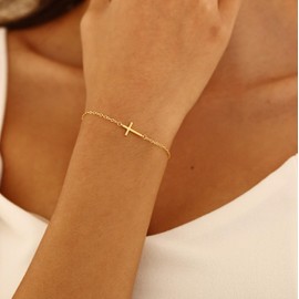 Gold Bracelets for Women Trendy,Dainty Cross Bracelet 14k Gold Plated Sideways Bracelets Adjustable Cross Chain Bracelet Cute Gold Bracelets for Women Fashion Jewelry Baptism Gifts