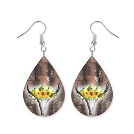 Cow Skull Earrings - Teardrop Earrings - Raindrop Earrings - Western Earrings - Wood Printed Earrings
