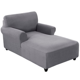 FantasDecor Chaise Lounge Cover Stretch Chair Lattice Slipcover with Armrests for Living Room Bedroom Double Arm Soft Jacquard Fabric Machine Washable, Dove