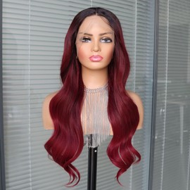 GALLAG Burgundy Pre Plucked Pre Cut Synthetic Lace Front Wigs for Women Body Wave HD 13X4 Front Lace Ombre Wig Middle Part 24 Inch Length for a Stunning Look