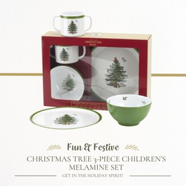 Spode Christmas Tree 3-Piece Melamine Dinnerware Set - 8" Plate, 5" Bowl, 10 Oz Mug - Festive & Durable Holiday Collection for Kids - Christmas Tableware with Classic Tree Motif, Dishwasher Safe