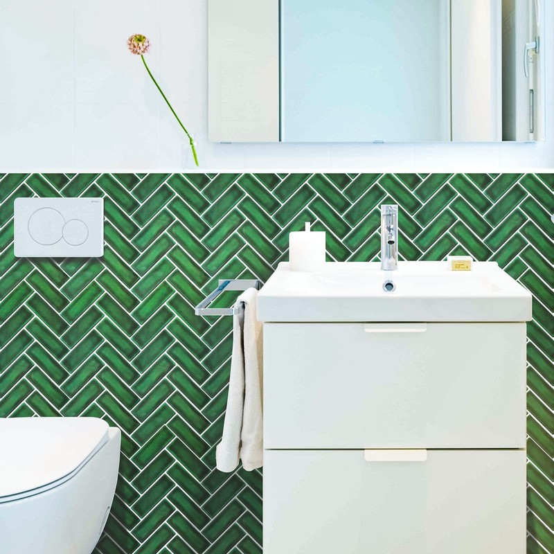 Green Peel and Stick Backsplash Herringbone Tile, Renter Friendly Backsplash
