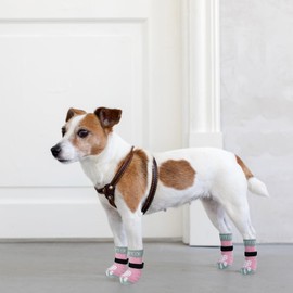 PUPTECK Dog Socks, Anti-Slip, Velcro Included, Prevents Licking, Paw Protection, Breathable, Soft, Nursing Support, Fall Prevention, Dog Socks, Set of 4, Cute, Indoor Use, Elderly, Senior Dogs, Small