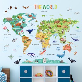 DECOWALL SG2-2423 Animal World Map Wall Stickers Kids Decals Peel Stick Removable Nursery Bedroom Art Murals Décor Educational Nation Baby Colorful Living Room Decorations