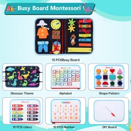 Oderra Activity Dinosaur Children, Busy Board, Montessori from 3 4 5 Years, Girls Boy, Basic Life Learning Motor Skills Board, Baby Sensory Toy