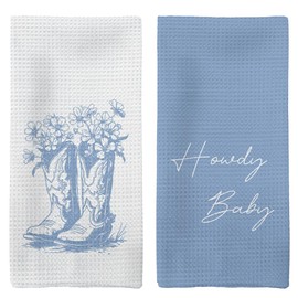 Tzhim Western Kitchen Towels, Preppy Cowboy Hand Towels, Black Cowgirls Boots Floral Rodeo Dishcloths Tea Towel for Kitchen, Vintage Retro Howdy Baby KitchenBathroom Decor Set of 2, 16x24in(Blue)