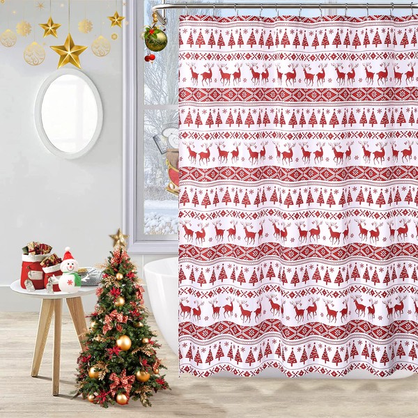 LinTimes Merry Christmas Shower Curtain, Happy New Year Xmas Tree and Deer Pattern Waterproof Bathroom Bath Curtains,35 x 72 Inch White