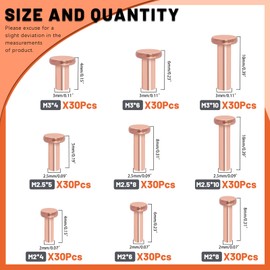 Tanstic 270Pcs Flat Head Copper Solid Rivets, M2x4/6/8, M2.5x5/8/10, M3x4/6/10 Solid Copper Rivets Fasteners for Electrical Applications Copper Finish Copper Tone