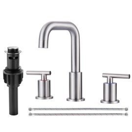 Brush Nickel 2 Handle 3 Hole Widespread Bathroom Faucet with Sink Drain and Water Faucet Supply Hose Vanity FaucetsColor: Gold, Surface Finishing: Brushed Gold