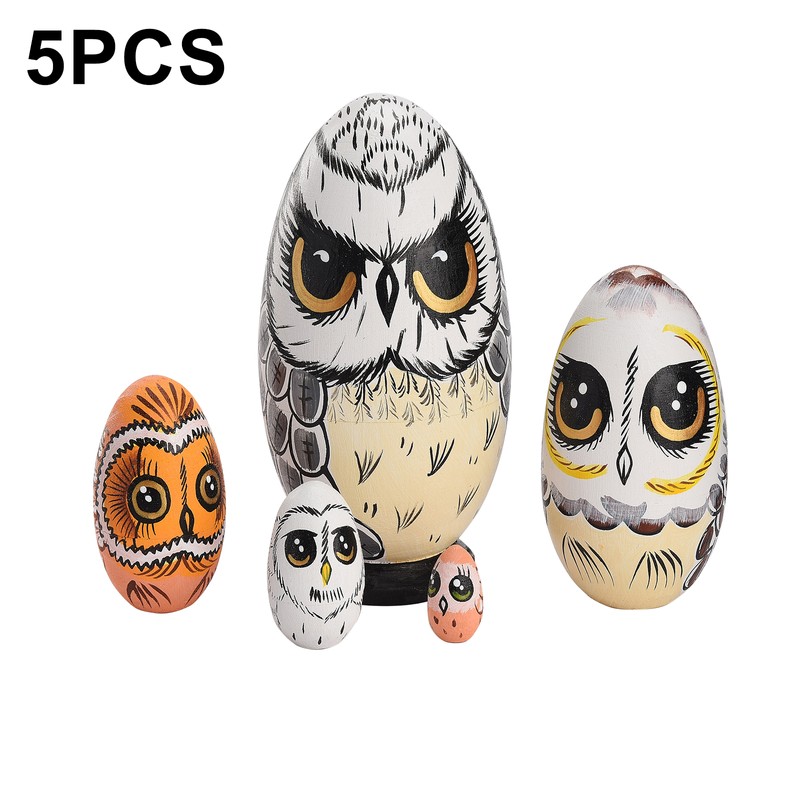 5PCS Owl Nesting Egg Cute Owl Animal Nesting Dolls Wooden