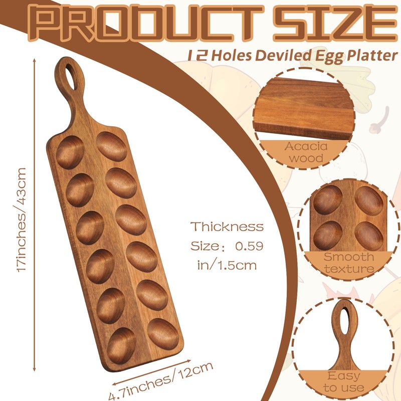 Gosodeny Acacia Wood Deviled Egg Platter with Handles 12 Holes