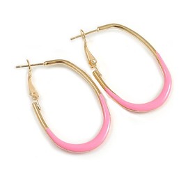 40mm Tall/Gold Tone with Pink Enamel Oval Hoop Earrings/Medium Size