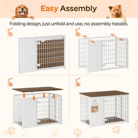 YATINEY Foldable Dog Crate Furniture, Dog Crate with DIY Frame, Heavy Duty Dog Kennel Indoor with Hooks, Wooden Dog Cage End Table, for Small/Medium Dogs, White and Walnut DC95WH