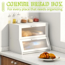 BMOSU Large Bread Box Double Layer Bamboo Bread Box for Kitchen Counter Container Farmhouse Bread Holder Capacity Bread Storage Bin(White)