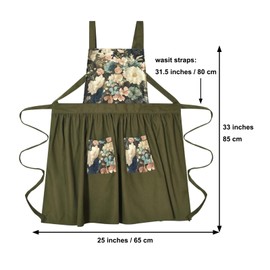 FOTVEFLEIR Vintage Cute Apron Dress for Women with Pockets, Adjustable Cross Back Pinafore Aprons for Cooking, Baking, Kitchen, Gardening (Olive Green)