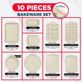 BAKKEN Kitchen Oven Baking Pans - Nonstick Gray Coating, Carbon Steel Bakeware Set with White Silicone Handles, Commercial Restaurant Quality Pans, PFOA, PFOS, PTFE Free, Oven Safe (450° F), Set of 10