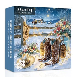 Winter Country Puzzles for Adults 1000 Pieces, Snowy Cowboy Boots Farm Jigsaw Puzzles, Cozy Rustic Landscape Puzzle