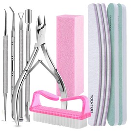 Kit 12pzs Manicure y Limas para Uñas Profesional,Incluir 5 Manicura de Acero Inoxidable+5 Limas De Uñas+1 Cepillo Limpiar+1 Bloque de Pulido,Uso Profesional y Doméstico,para Cuidado de Las Uñas