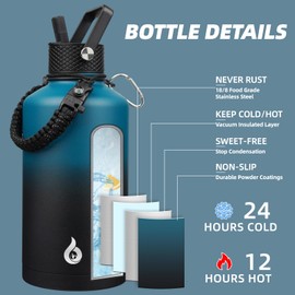BJPKPK 2/3 Gallon Water Bottle with Straw Lid, 50oz, 64oz, 87oz, 128oz Large, Stainless Steel Water Bottles with 3 Lids and Paracord Handle, Double Wall Vacuum Metal Jug, Blue & Black