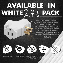 SureSave Plug Adapter and Outlet Splitter | Heavy Duty 3-Outlet Grounding Adapter 15-Amp Household Plug | 3-Prong Grounded Multi-Plug Extender, UL Listed (White 6 Pack)
