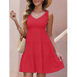 Women's Summer Tiered Sundress, V-Neck Sleeveless Ruffle Casual A-Line Beach Mini Dress with Shoulder Ties Red L