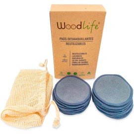 Woodlife® - Paquete de 16 Pads Desmaquillantes de Bambú y Algodón (Negro/Gris), 100% Biodegradables + Bolsa de Tela Reutilizable para Lavado.