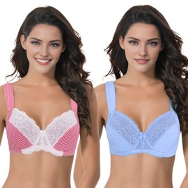 Curve Muse Women's Plus Size Unlined Underwire Lace Bra with Cushion Straps-2PK-Pink Print,Light Blue-38C