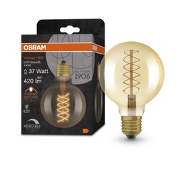 Osram s Vintage 1906 - Gold Tint, 4.8 W, 420 lm, Ball Shape 95 mm Diameter & E27 Socket, Warm White Light Colour, Spiral Filament, Dimmable, Up to 15,000 Hours Lifespan, 4058075761612, 37W Replacement
