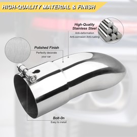 Vurkcy 4 inch Inlet Curved Exhaust Tip, 4" Outlet 12" Overall Length Stainless Steel Turn Down Exhaust Tail Pipe, Bolt-On, Sleek Angle Cut, Polished Tailpipe, Silvery