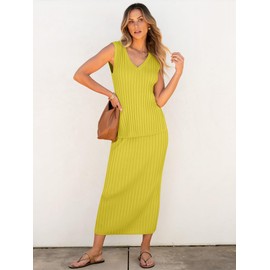 ANRABESS 2 Piece Sweater Skirt Sets for Women Sleeveless V Neck Ribbed Vest Tops Knits Casual Midi Dresses 2025 Summer Outfit X-Large Lemon Yellow