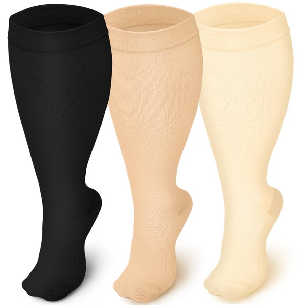 Iseasoo - Calcetines de compresión de talla grande para hombres y mujeres, 3 pares de pantorrilla ancha de 20 a 30 mmHg, medias de compresión alta para la circulación, enfermeras, correr, 2XL
