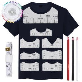 Pack of 13 T-Shirt Alignment Ruler, T-Shirt Centering Tool PVC with 1.5 m Tape Measure, 40 Needles, 3 Coloured Pencils, Transparent Stencil Ruler, Ironing Ruler for Adults, Youth and Children