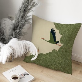 Vintage Crane Pillow Covers 18x18 Inch, Japanese Style Bird Throw Pillow Covers, Green Botanical Decor for Couch Sofa Bed Living Room Bedroom, Asian Inspired Home Decor Gifts
