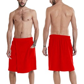 ANUFER Mens Adjustable Bath Towel Wrap - Wearable Towel Skirt with Pocket for Gym Shower Sauna Spa & Beach Cover Ups Red L