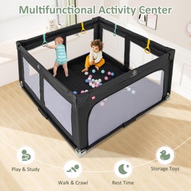 INFANS Foldable Baby Playpen with Mat, 59” x 59” Large Baby Play Yard for Infant with 50 Ocean Balls, 4 Handlers, Carry Bag, Indoor Outdoor Fence Toddler Activity Center (Black, 59” x 59”)