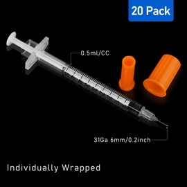 0.5ml 31Ga 1/4-Inch 6mm Disposable Syringe for Scientific Lab, Individually Wrapped, Pack of 20