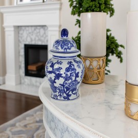 Sagebrook Home Chinoiserie Ginger Jar - Decorative Ceramic Stoneware Vase with Lid - Traditional Floral Pattern - Elegant Accent Piece for Home, Office, Bedroom, Living Room - 10" Blue & White