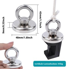 MIN CI 48mm Extra Strong Magnets, Neodymium Magnets Heavy Duty 85kg（187lbs）Round Magnet Fishing, Rare Earth Magnets Large Magnet Industrial Magnet with Eye for Hanging Hoisting, 2 Pack