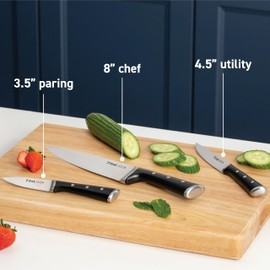 T-fal Ice Force German Stainless Steel Chef knife, Utility knife, Paring knife, 3 Piece, Long Lasting Sharpness, High Cutting Precision, Superior Durability, Ultra Sharp, Cookware Kitchen Knife, Black