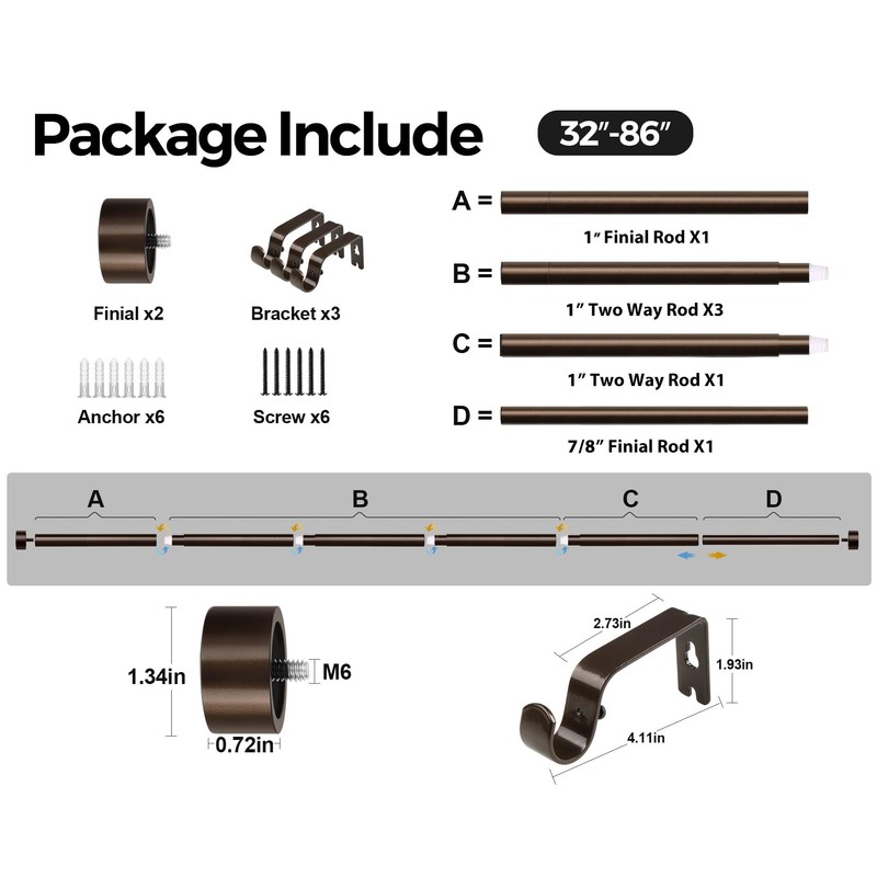 KAMANINA Bronze Curtain Rods for Windows 48 to 84 Inch