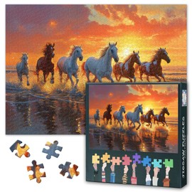 Horses Art 1000 Piece Jigsaw Puzzles for Adults, Family Challenging Puzzle Game Sunset Beach, Birthday Party Gift for Men Women Home Decor 27.5x19.7 Inch (Animals Theme)