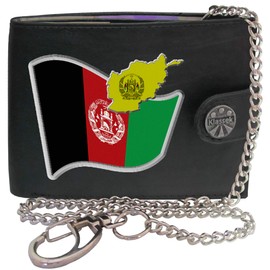 Klassek Afghanistan Flag Afghan Map and Coat of Arms COA Mens Wallet with Chain Real Leather RFID Blocking with Coin Pocket and Metal Gift Box
