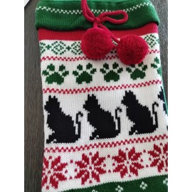 Hobby Lobby 18" Black Cat & Paw Prints Christmas Stocking, Knitted Pom Poms Pet Cat Kitten