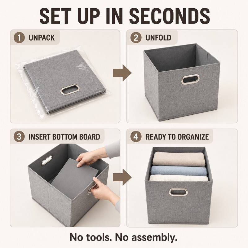 Foldable Fabric Storage Cube Bin with Metal Handles, Gray