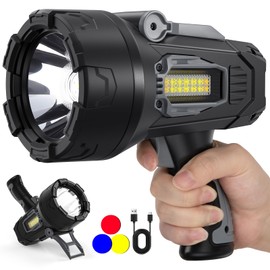 Rechargeable Spotlight, 2000000 Lumens Super Bright Spotlight, LED Handheld Spotlight Flashlight with 3 Color Lenses & Foldable Stand, Long Lasting Spot Light for Camping, Boating Outdoor